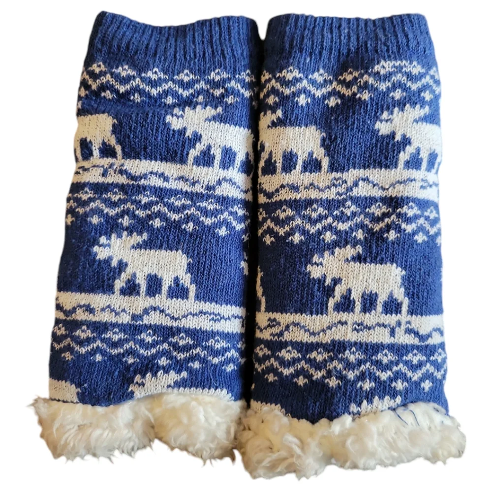 Warm Winter Texting Gloves Moose Fleece Lined Knit Blue White